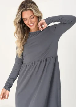 Brave Soul Grey Cotton Long Sleeve Midi Smock Dress