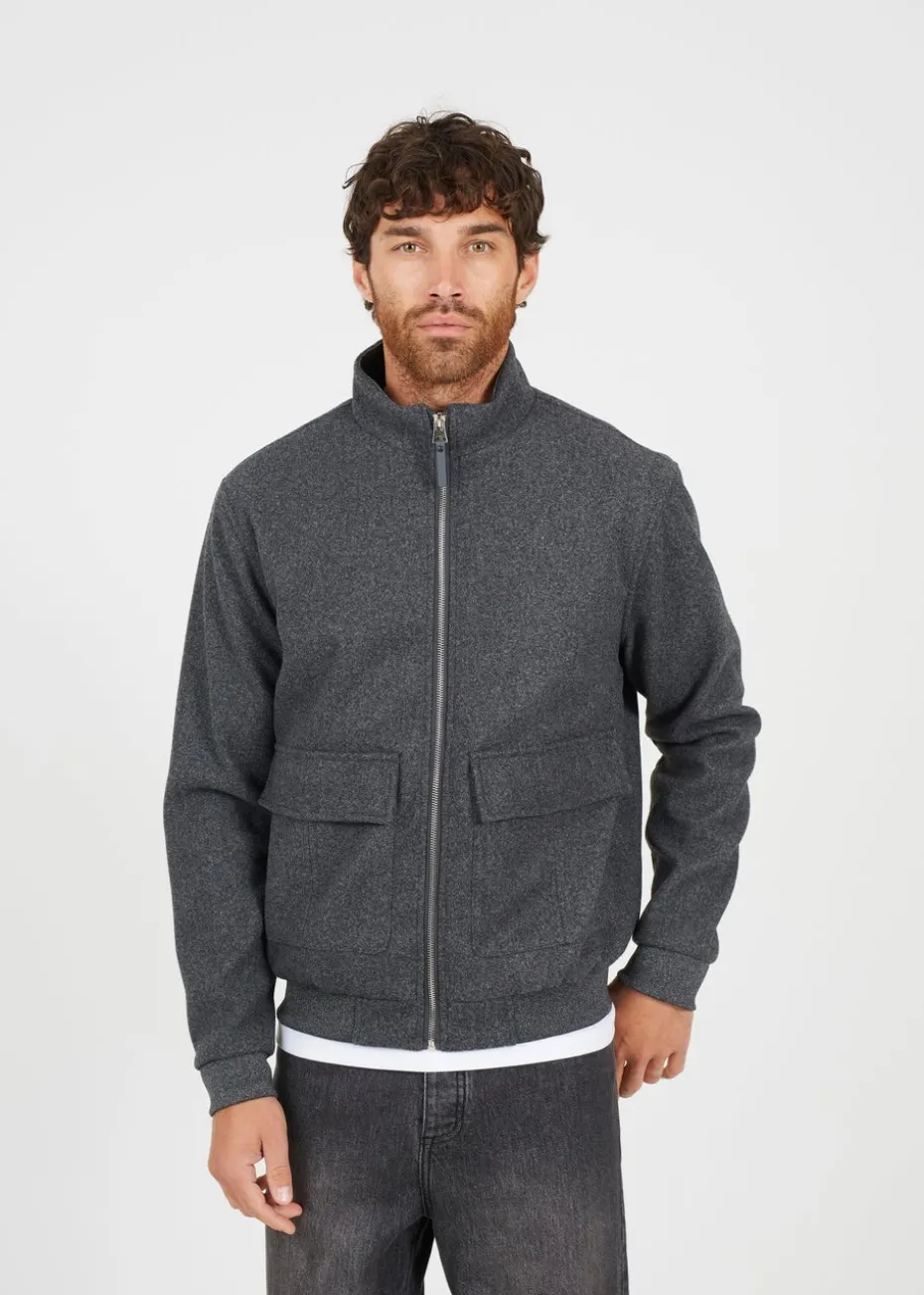 Brave Soul Grey Faux Wool Funnel Neck Bomber Style Jacket