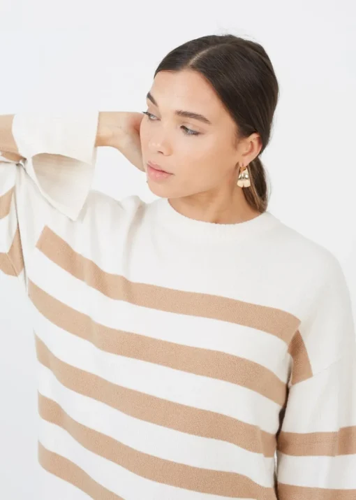 Brave Soul Ivory Striped Loose Fit Jumper with Wide Sleeves