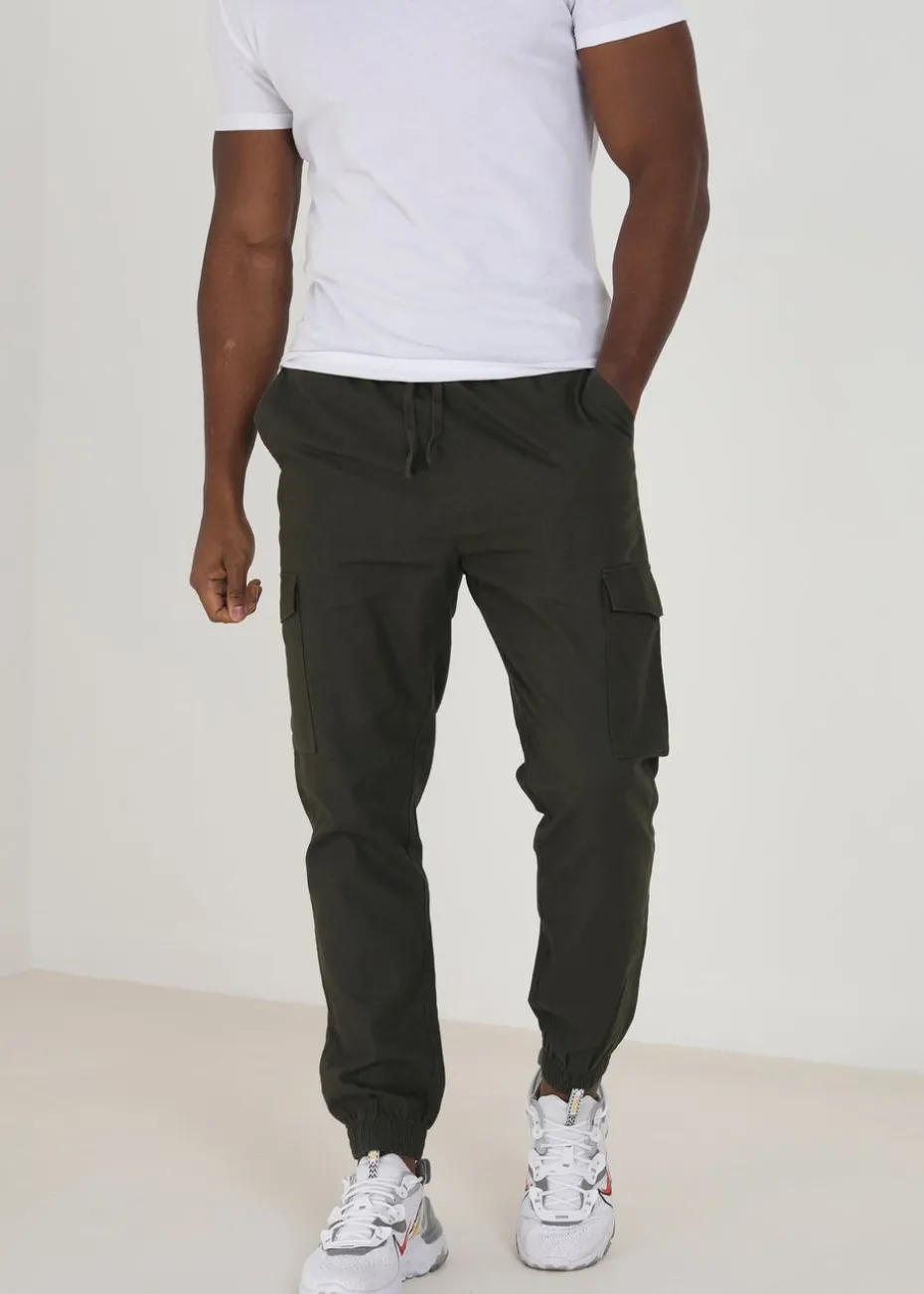 Brave Soul Khaki Cotton Linen Blend Cargo Trousers