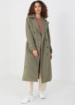 Brave Soul Khaki Double-Breasted Longline Trench Coat