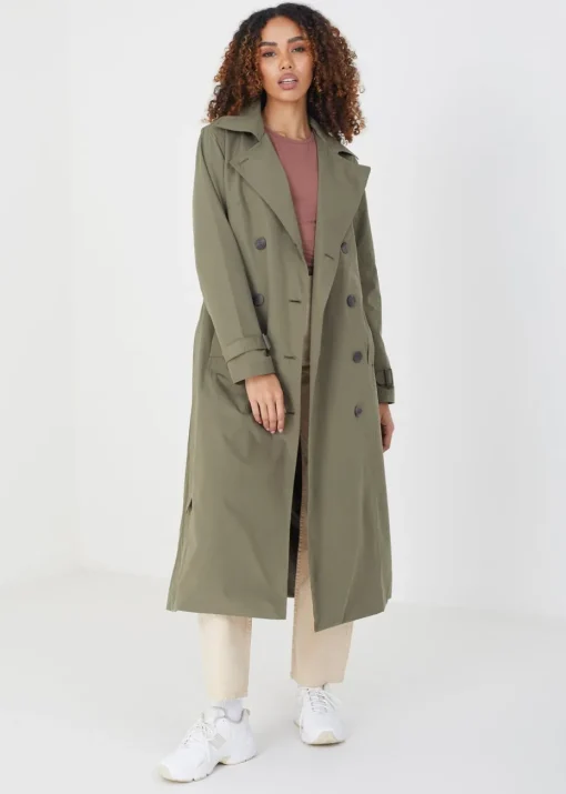 Brave Soul Khaki Double-Breasted Longline Trench Coat