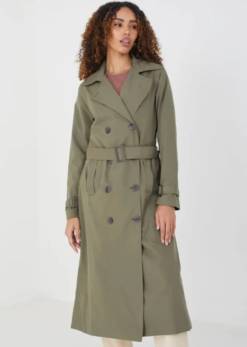 Brave Soul Khaki Double-Breasted Longline Trench Coat