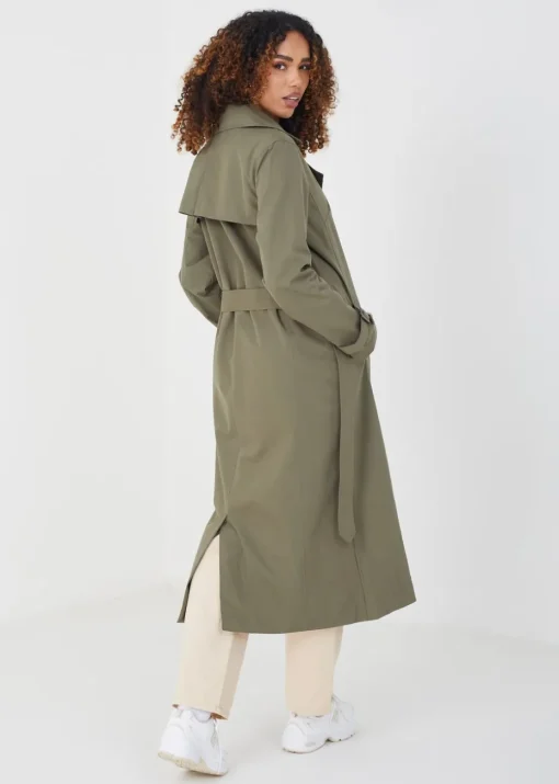 Brave Soul Khaki Double-Breasted Longline Trench Coat