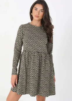 Brave Soul Light Grey Cotton Animal Print Long Sleeve Mini Smock Dress