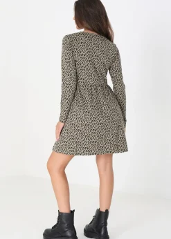 Brave Soul Light Grey Cotton Animal Print Long Sleeve Mini Smock Dress