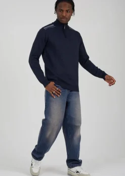 Brave Soul Navy Quarter Zip Funnel Neck Rib Knit Jumper with Stripe Detail