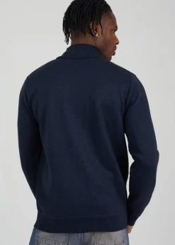 Brave Soul Navy Quarter Zip Funnel Neck Rib Knit Jumper with Stripe Detail