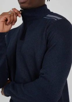 Brave Soul Navy Quarter Zip Funnel Neck Rib Knit Jumper with Stripe Detail