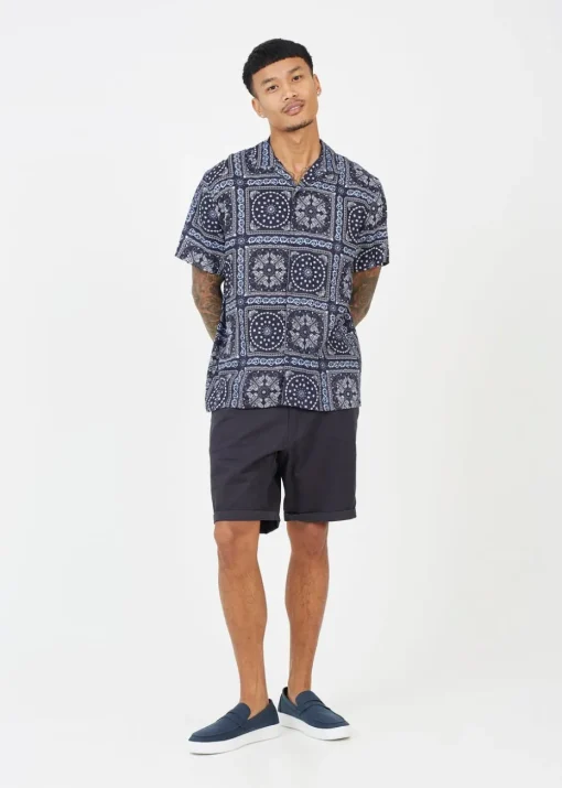 Brave Soul Navy Revere Collar Print Shirt