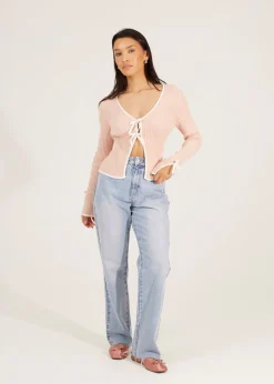 Brave Soul Pale Pink Ribbed Knitted Cardigan with Bow Fastening