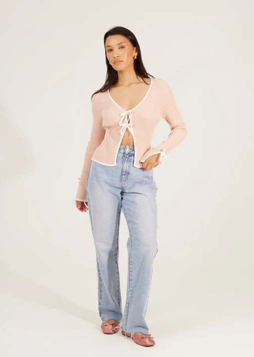 Brave Soul Pale Pink Ribbed Knitted Cardigan with Bow Fastening
