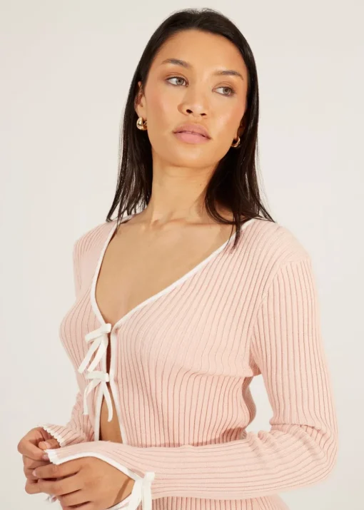 Brave Soul Pale Pink Ribbed Knitted Cardigan with Bow Fastening