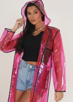 Brave Soul Pink Hooded Longline Rain Mac With Contrasting Binding