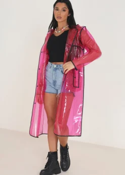 Brave Soul Pink Hooded Longline Rain Mac With Contrasting Binding