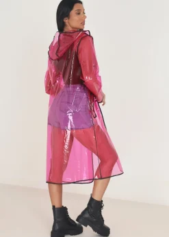 Brave Soul Pink Hooded Longline Rain Mac With Contrasting Binding