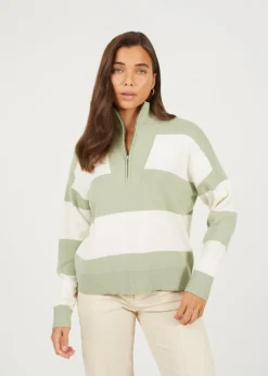 Brave Soul Soft Green Striped Half Zip Knitted Jumper
