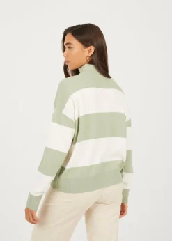 Brave Soul Soft Green Striped Half Zip Knitted Jumper