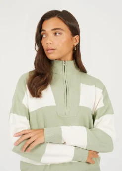 Brave Soul Soft Green Striped Half Zip Knitted Jumper