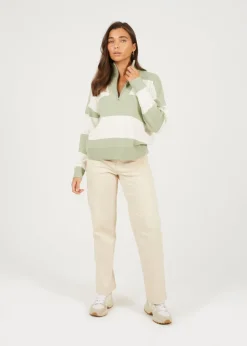 Brave Soul Soft Green Striped Half Zip Knitted Jumper