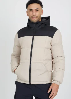 Brave Soul Stone Colour Block Padded Hooded Jacket