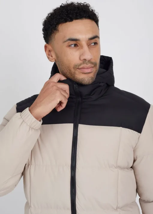 Brave Soul Stone Colour Block Padded Hooded Jacket