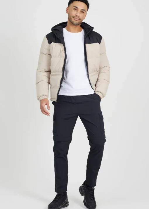 Brave Soul Stone Colour Block Padded Hooded Jacket