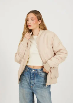 Brave Soul Stone Ruched Sleeve Oversized Bomber Jacket
