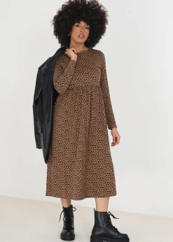 Brave Soul Tan Cotton Animal Print Long Sleeve Midi Smock Dress