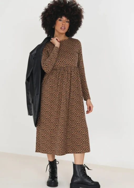Brave Soul Tan Cotton Animal Print Long Sleeve Midi Smock Dress