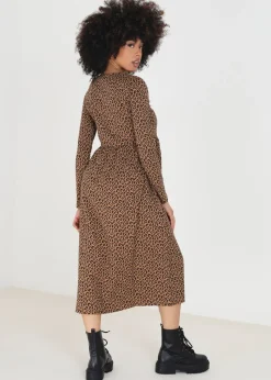 Brave Soul Tan Cotton Animal Print Long Sleeve Midi Smock Dress