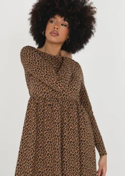 Brave Soul Tan Cotton Animal Print Long Sleeve Midi Smock Dress