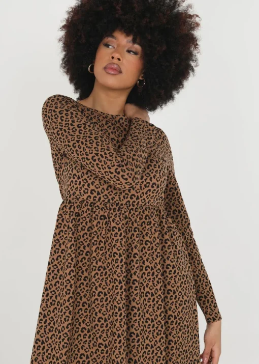 Brave Soul Tan Cotton Animal Print Long Sleeve Midi Smock Dress