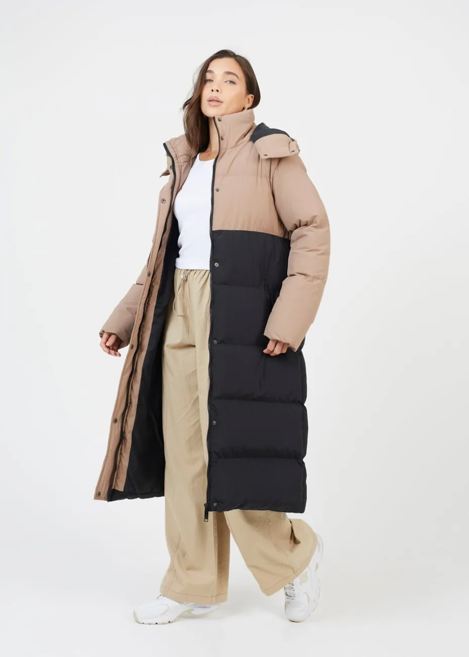 Brave Soul Tan Maxi Contrast Hooded Puffer Jacket