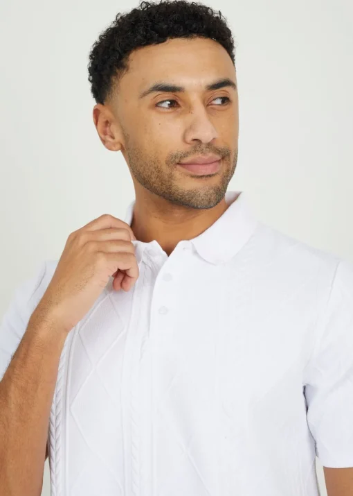 Brave Soul White Jaquard Knit Polo Shirt