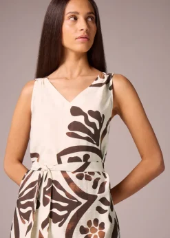 Brown Abstract Leaf Pattern Tie Waist Maxi Dress