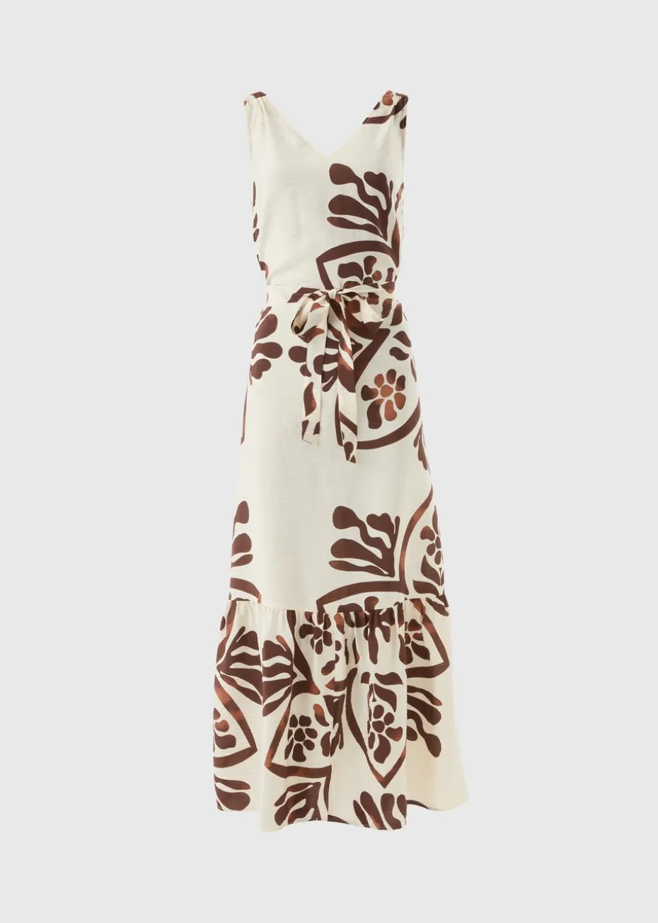 Brown Abstract Leaf Pattern Tie Waist Maxi Dress