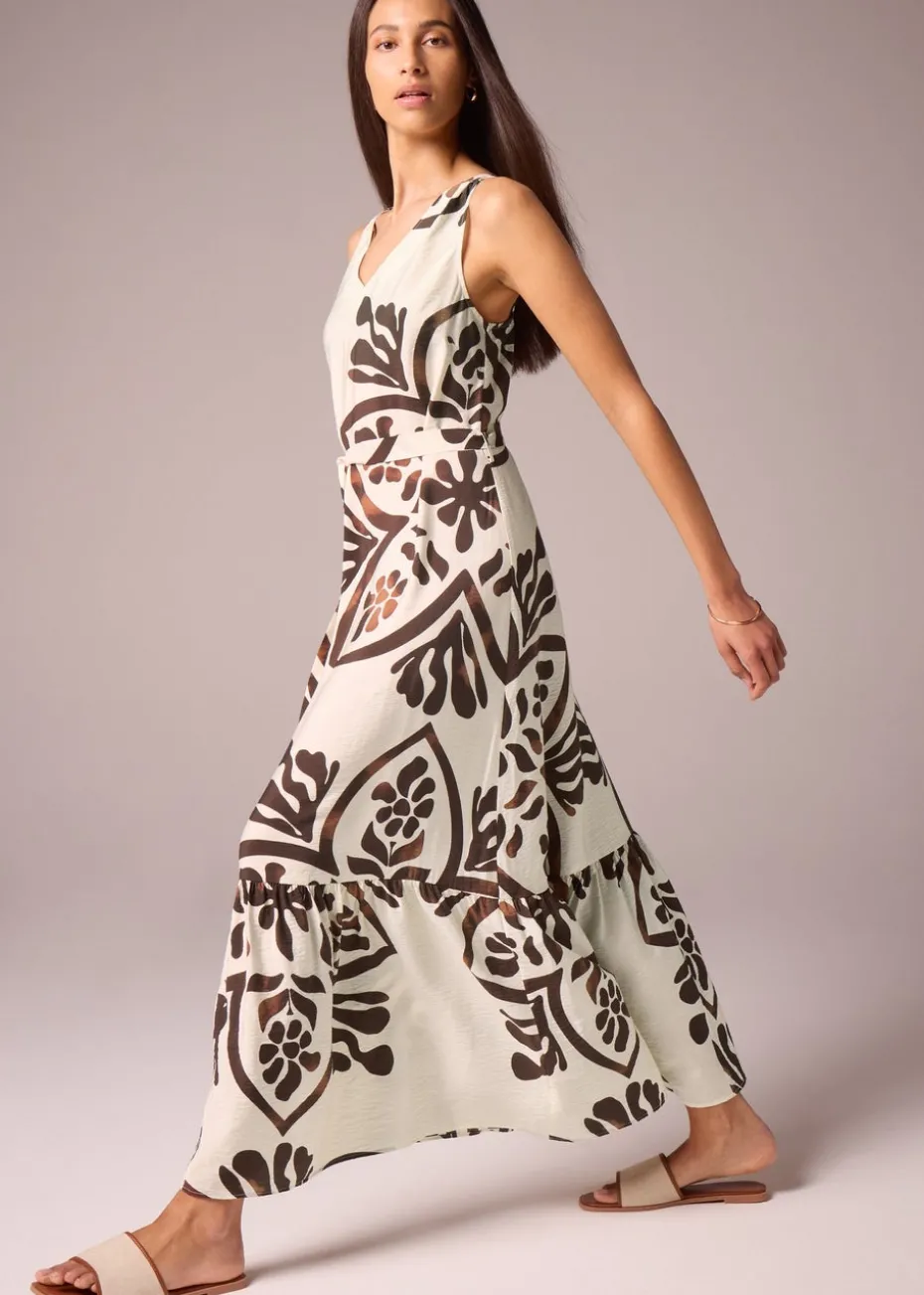 Brown Abstract Leaf Pattern Tie Waist Maxi Dress