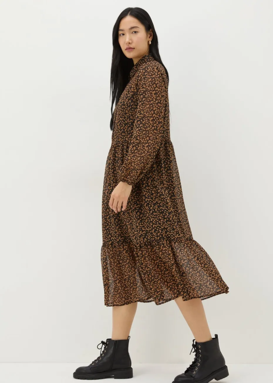 Brown Animal Mesh Shirt Midi Dress