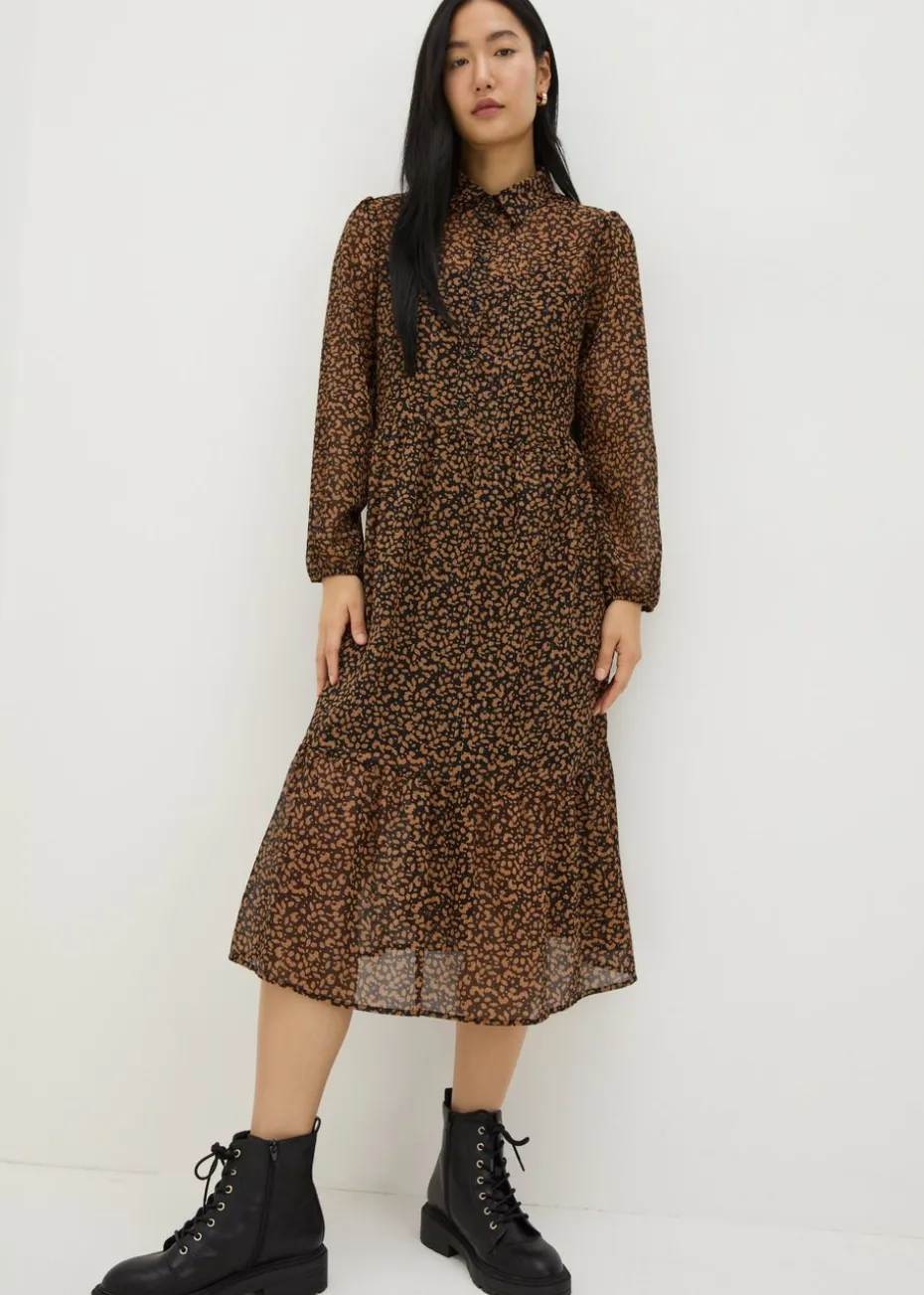 Brown Animal Mesh Shirt Midi Dress