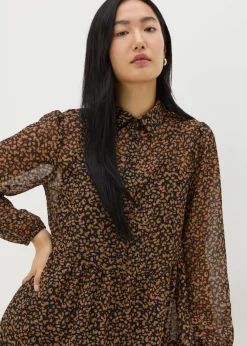 Brown Animal Mesh Shirt Midi Dress
