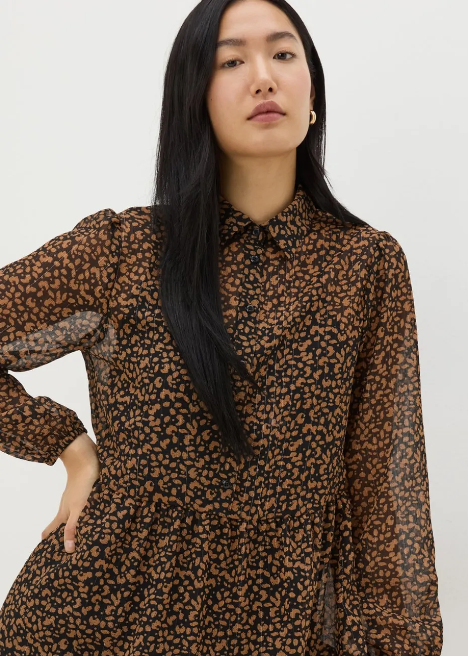 Brown Animal Mesh Shirt Midi Dress