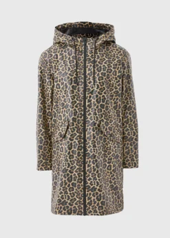 Brown Animal Print Rubberised Showerproof Parka Coat