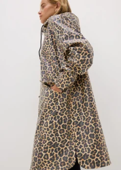 Brown Animal Print Rubberised Showerproof Parka Coat