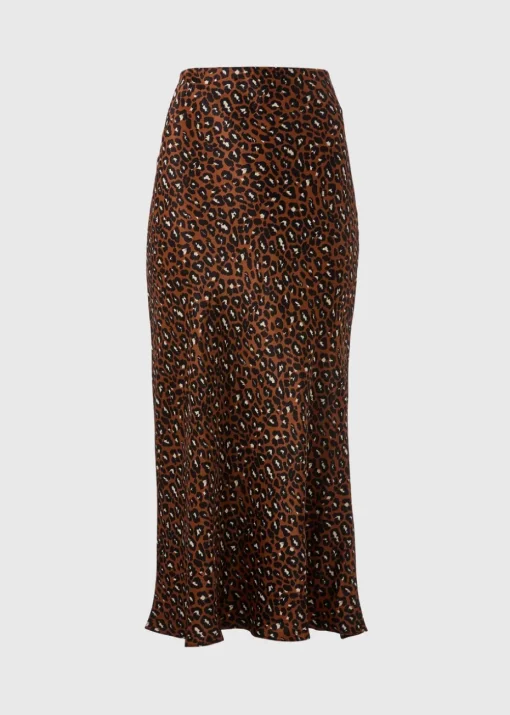 Brown Animal Print Satin Midaxi Slip Skirt
