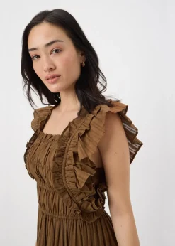 Brown Frill Midi Dress
