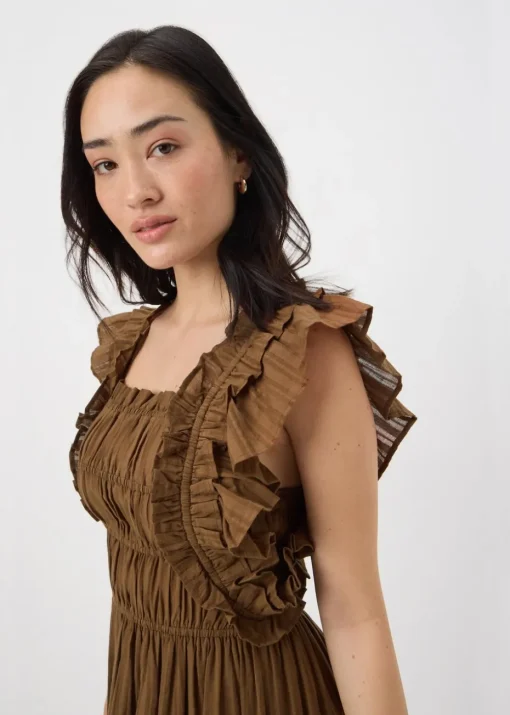 Brown Frill Midi Dress