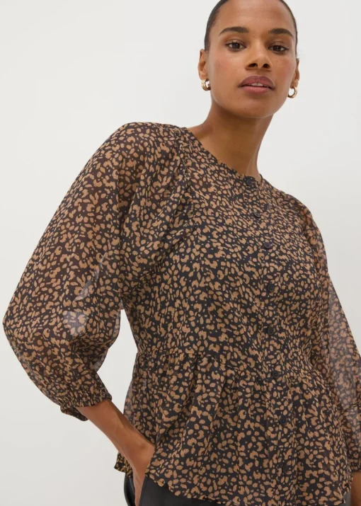 Brown Gathered Volume Sleeve Blouse