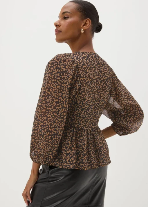 Brown Gathered Volume Sleeve Blouse