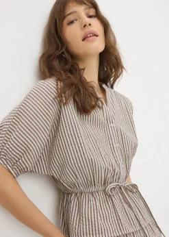 Brown Seersucker Stripe Co Ord Peplum Blouse